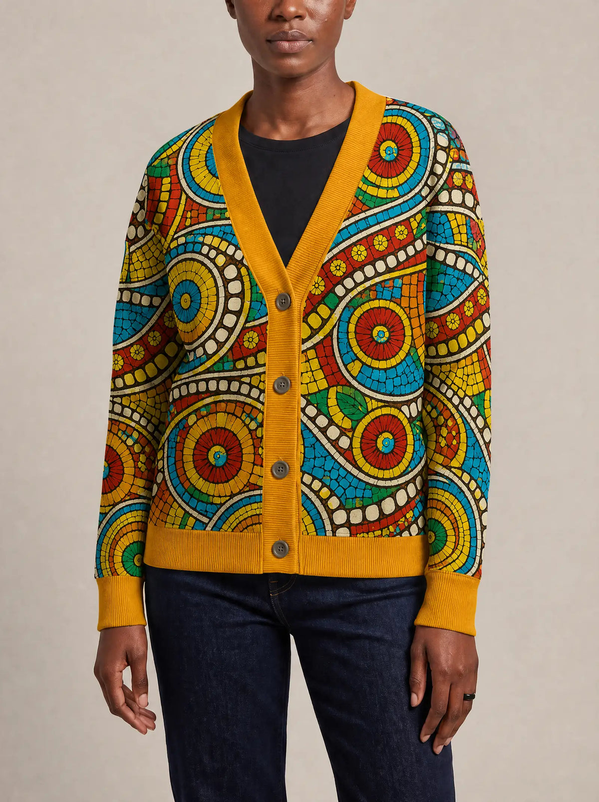 "Taji" Cardigan — close view of the V-neck, buttons and ribbed trims