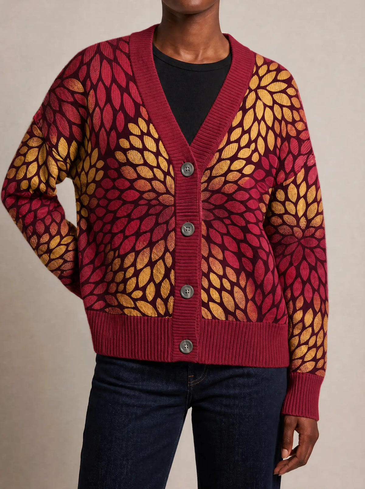 "Mavuno" Cardigan — close view of the V-neck, buttons and ribbed trims