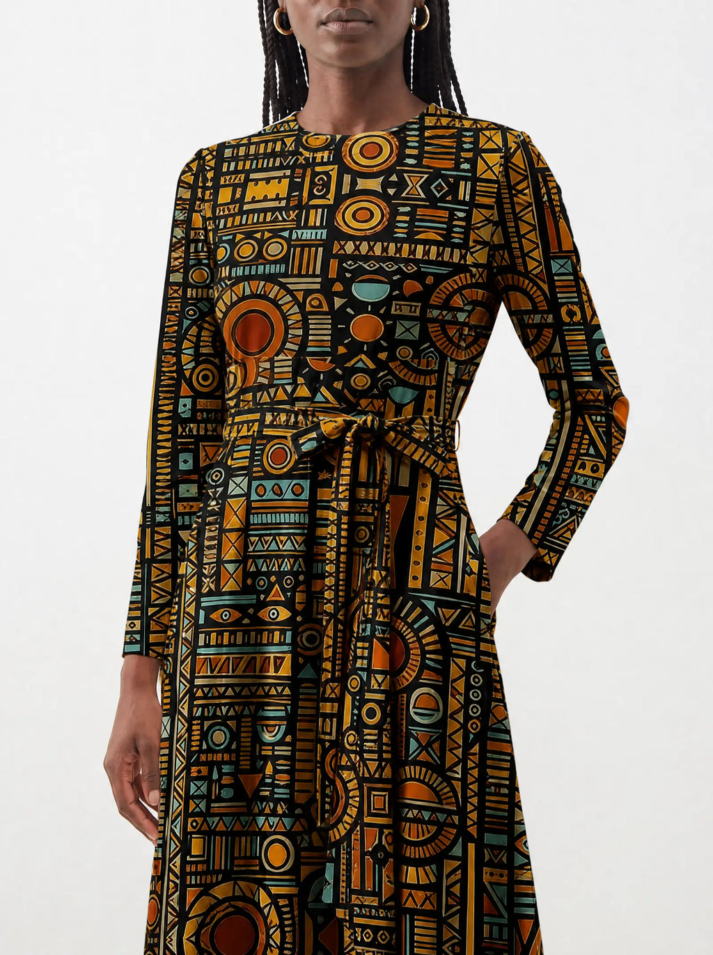 "Afrocentric Pattern" Viscose Midi Dress — close-up of the tie sash and the in-seam side pocket