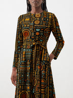 "Afrocentric Pattern" Viscose Midi Dress — close-up of the tie sash and the in-seam side pocket