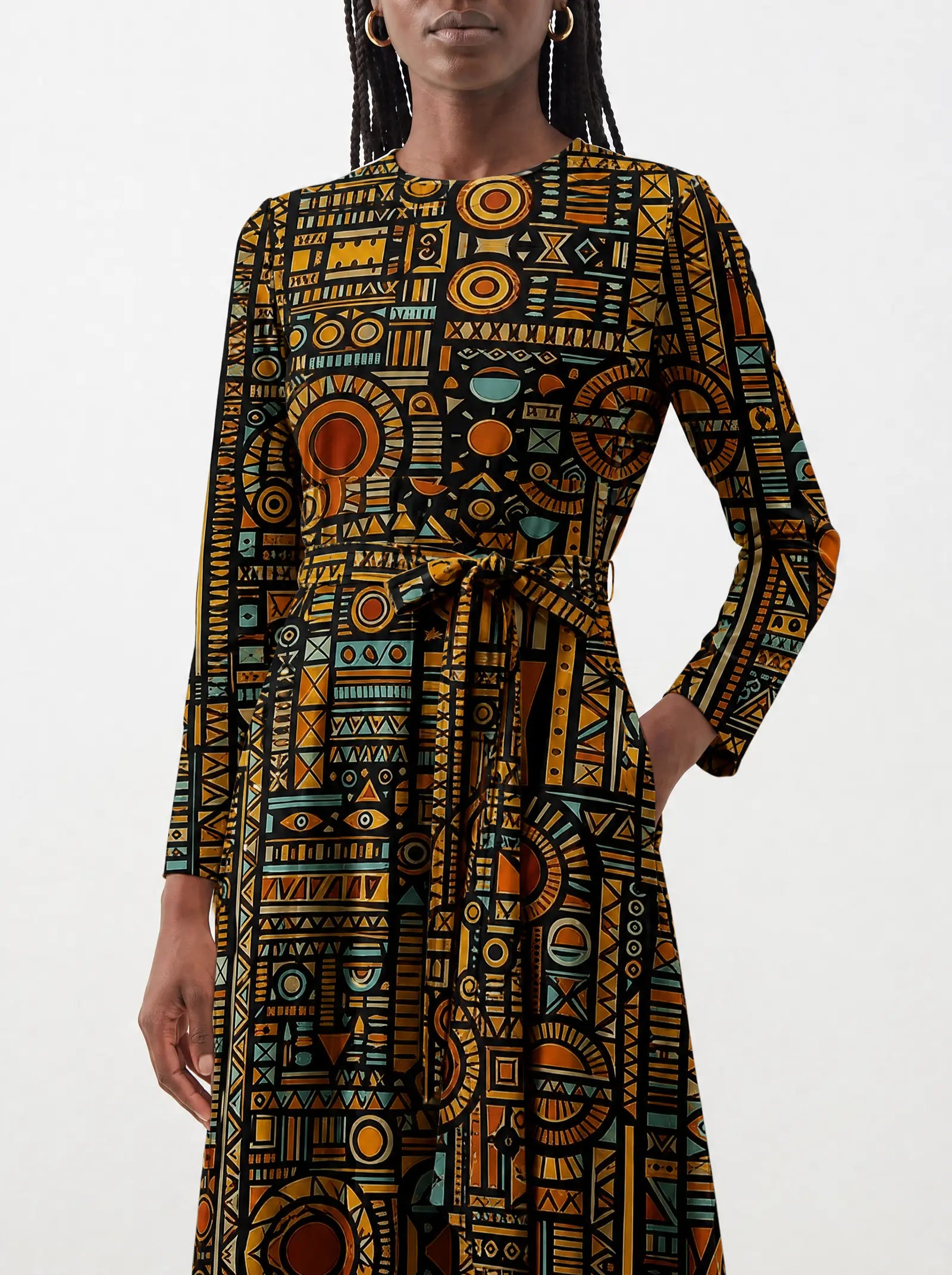 "Afrocentric Pattern" Viscose Midi Dress — close-up of the tie sash and the in-seam side pocket