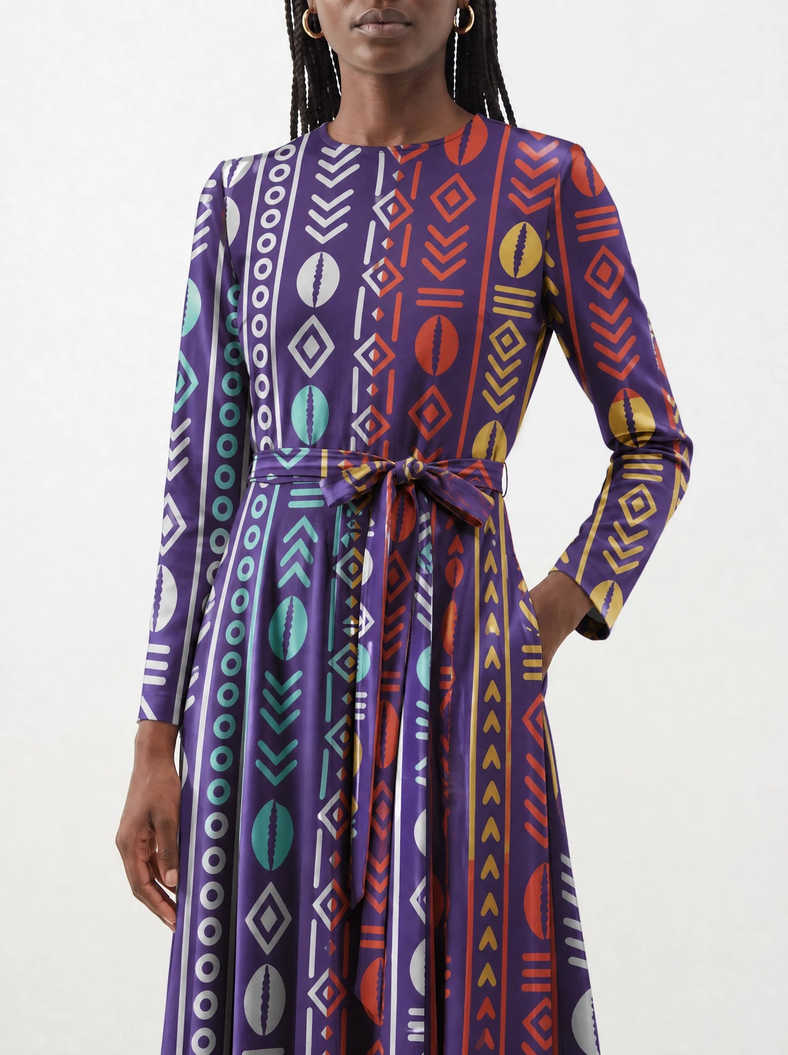 "Oshun Zamani" Viscose Midi Dress — close-up of the tie sash and the in-seam side pocket