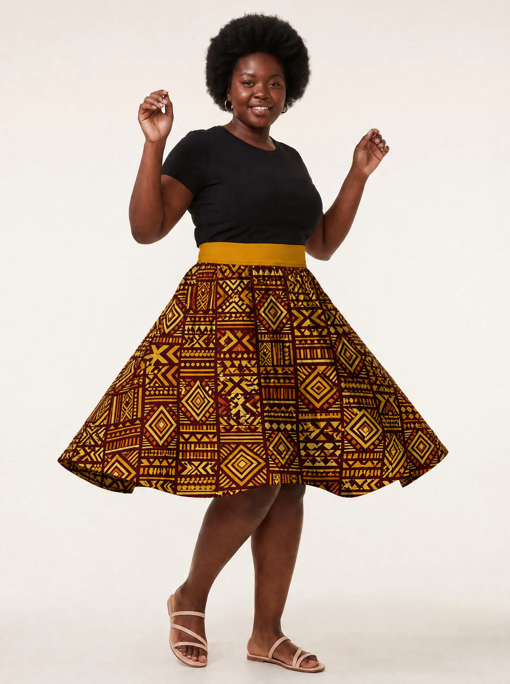 "Mudcloth" Twirl Skirt — twirling, skirt flared out