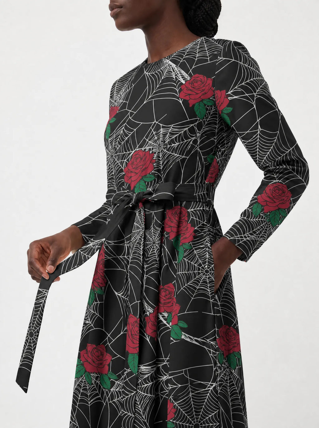 "Mwiba" Halloween Long Sleeve Midaxi Dress — standing, angled view on model