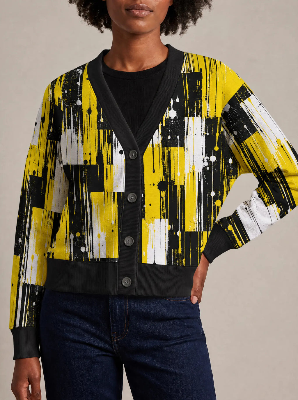 "Mvua" Cardigan — close view of the V-neck, buttons and ribbed trims