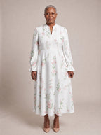 "Chanua" Long Puff Sleeve Dress — standing, angled view on model