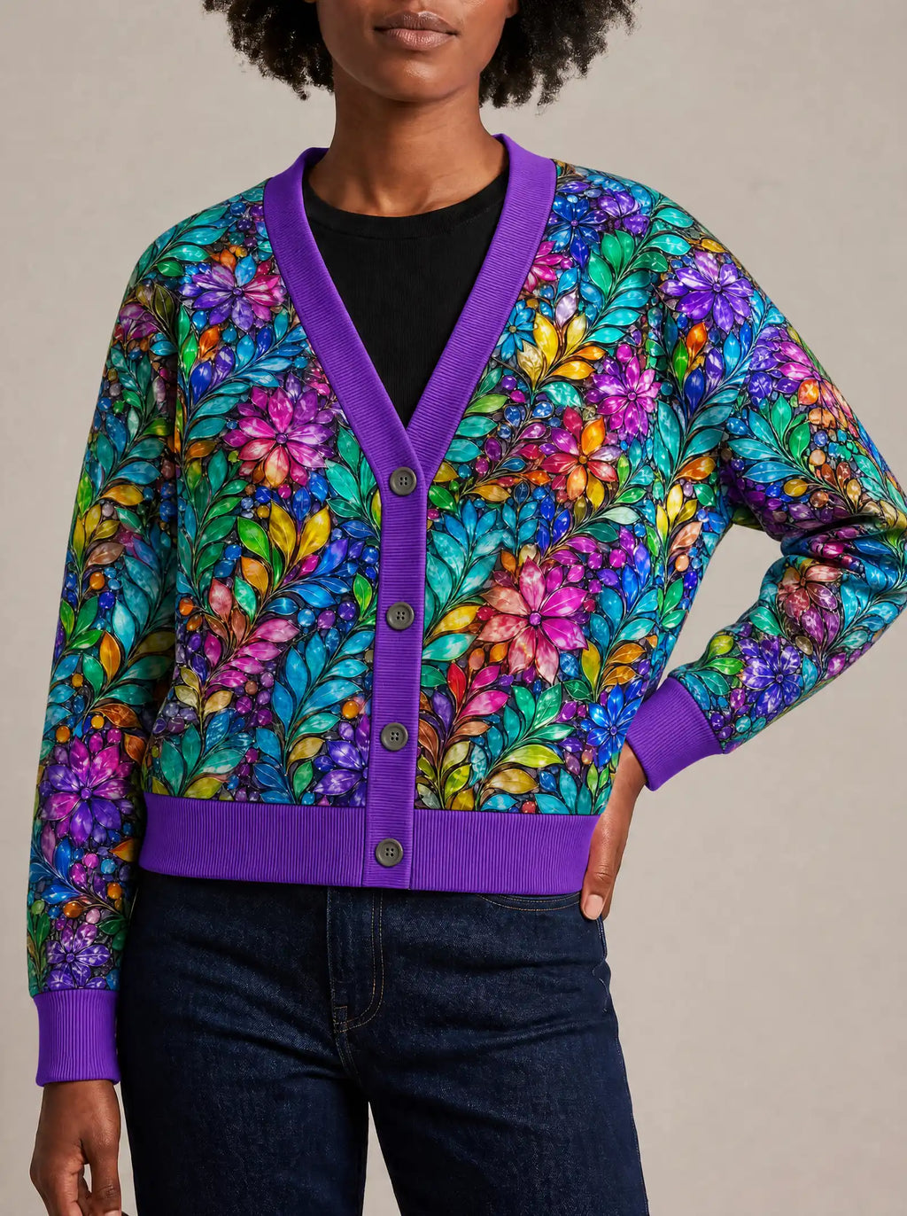 "Upinde" Cardigan — close view of the V-neck, buttons and ribbed trims