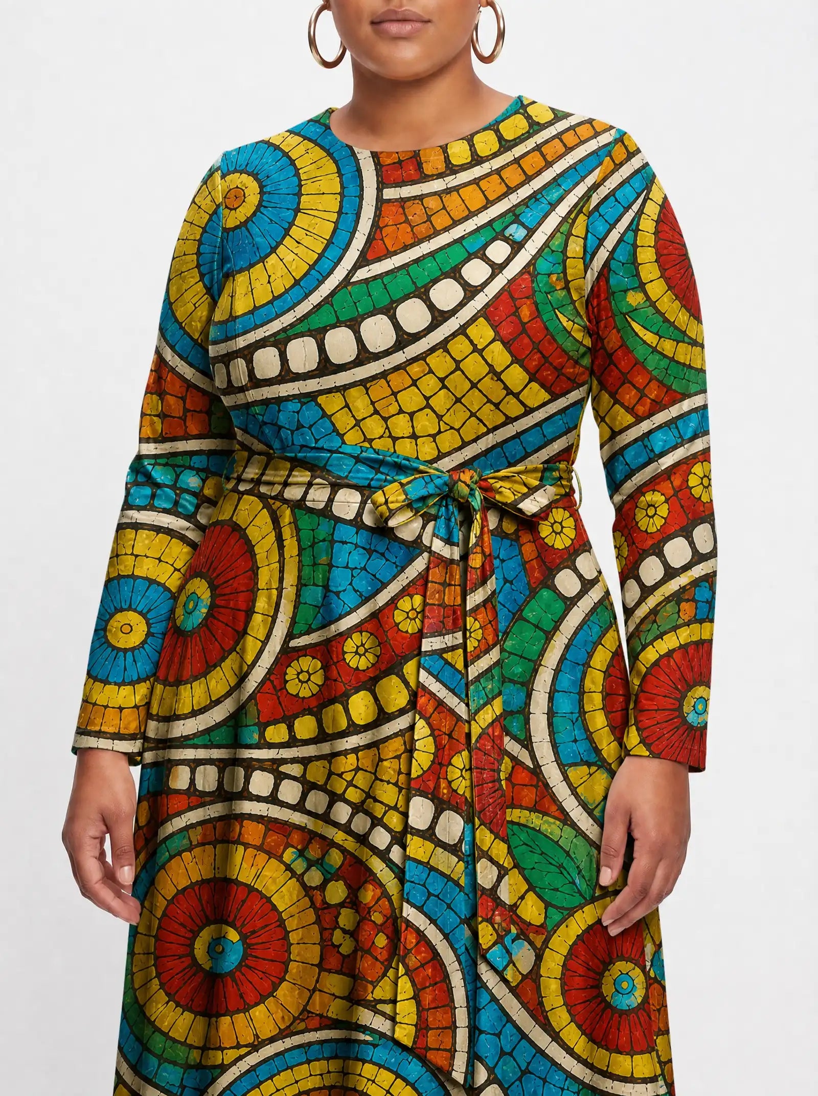 "Taji" Viscose Midi Dress — close-up of the tie sash and the in-seam side pocket