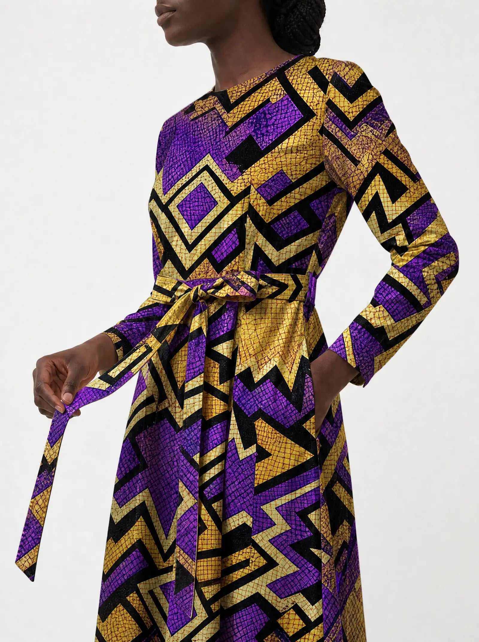 "Sheba" Viscose Midi Dress — close-up of the tie sash and the in-seam side pocket