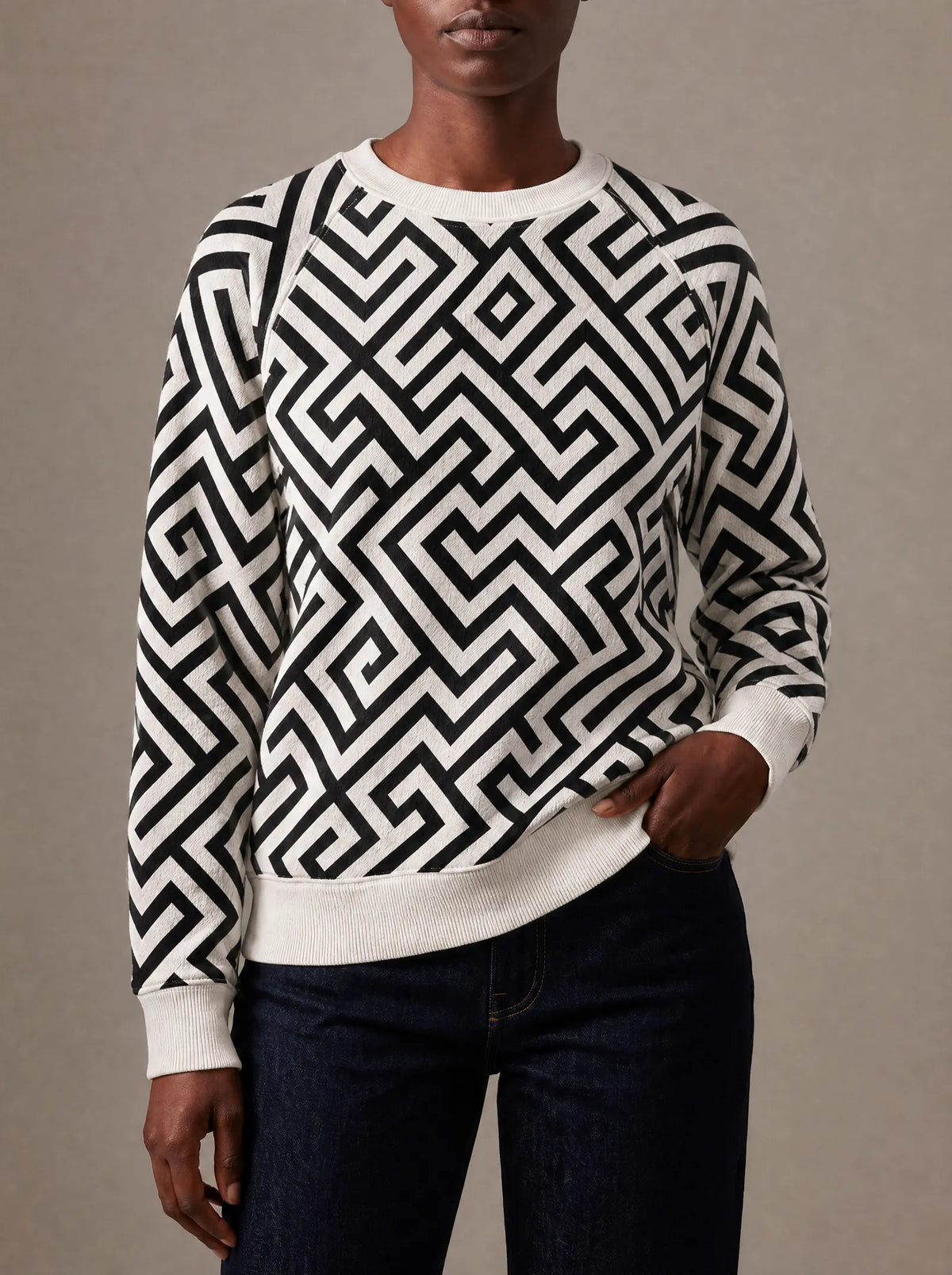 "Zamu" Sweatshirt — close view of the crew neck, raglan seams and ribbed trims