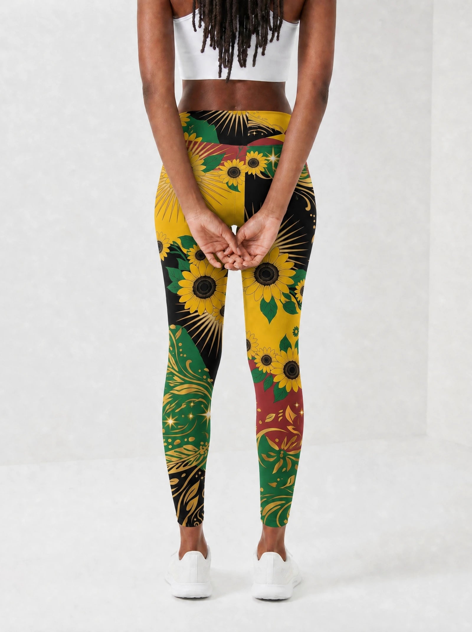 "August Queen Sunflower" Leggings — back view on model