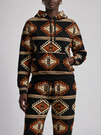 "Cheche" Black Ember Hoodie & Jogger Set — close view of the pocket, hem band and jogger waistband