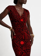 "Shaka Burgundy" Cap Sleeve Midi Dress — close-up of the ruched waistband