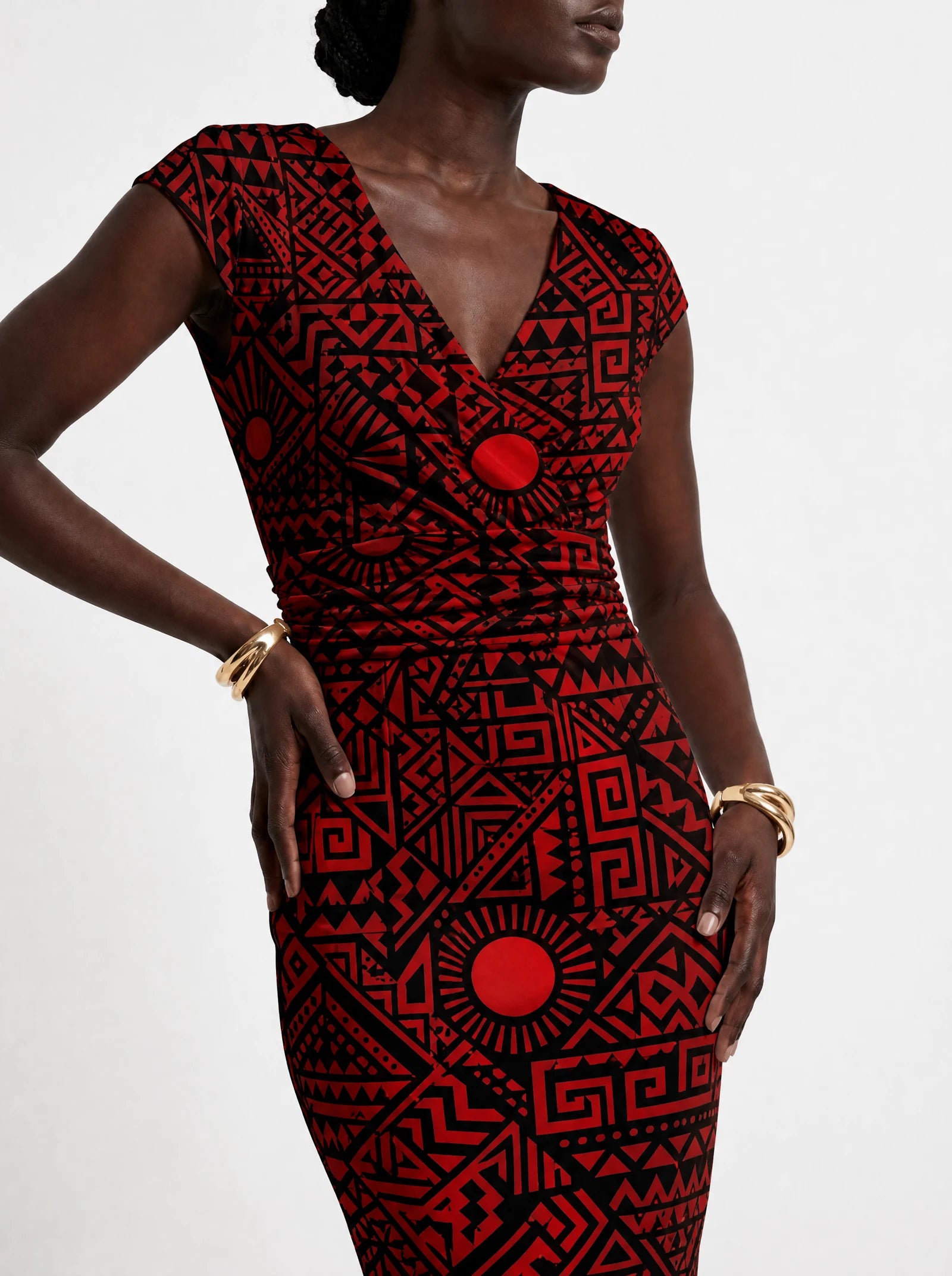 "Shaka Burgundy" Cap Sleeve Midi Dress — close-up of the ruched waistband