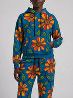 "Kitalu" Teal Poppy Hoodie & Jogger Set — close view of the pocket, hem band and jogger waistband