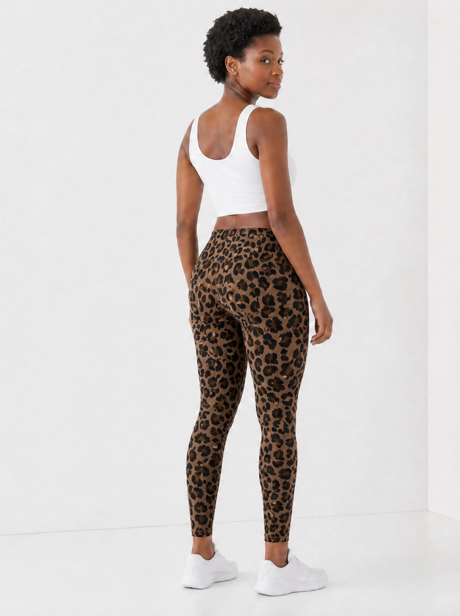 "Unstoppable" Brown Leopard Leggings — back view on model