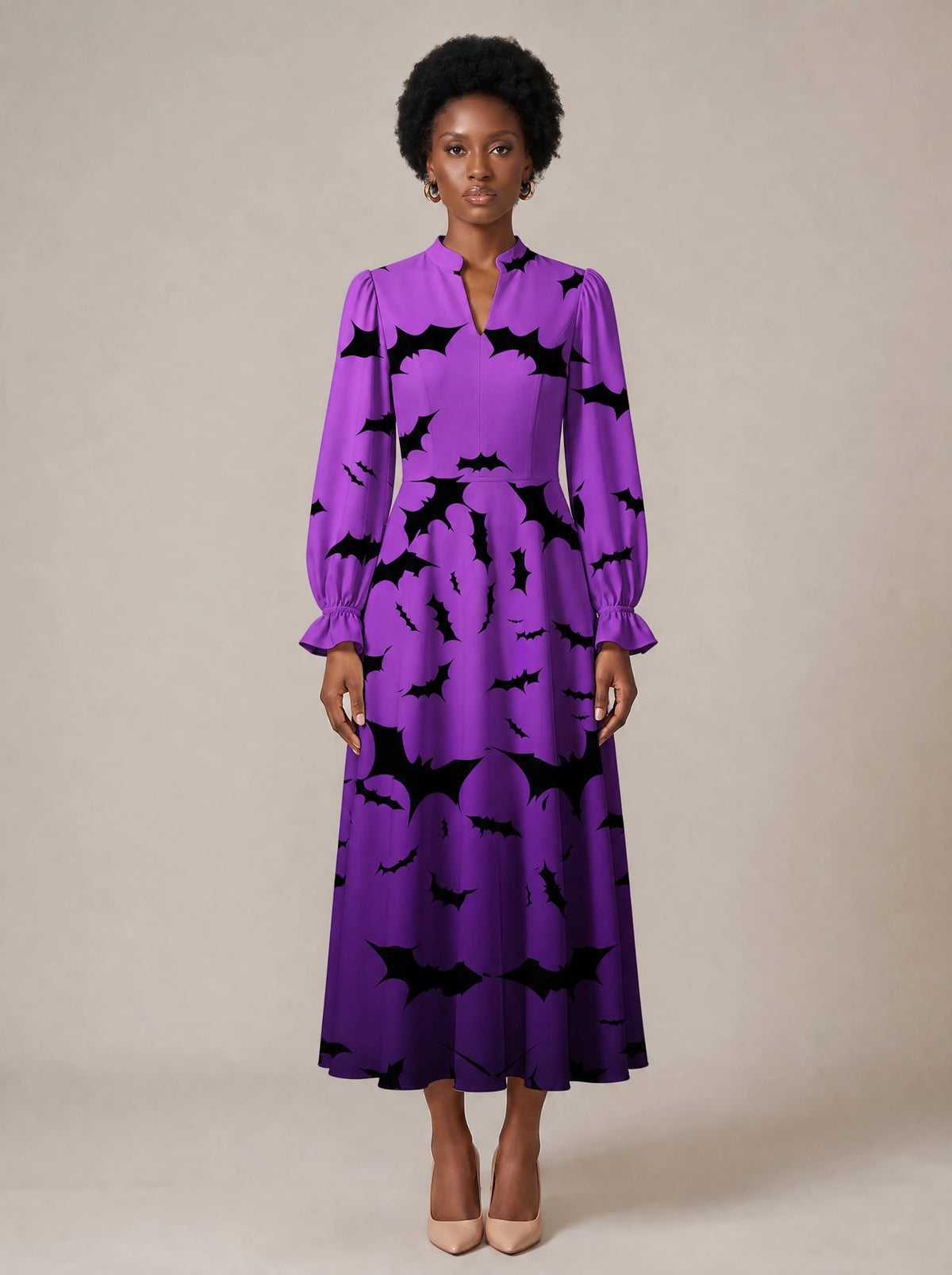 "Popo" Halloween Long Puff Sleeve Dress — standing, angled view on model