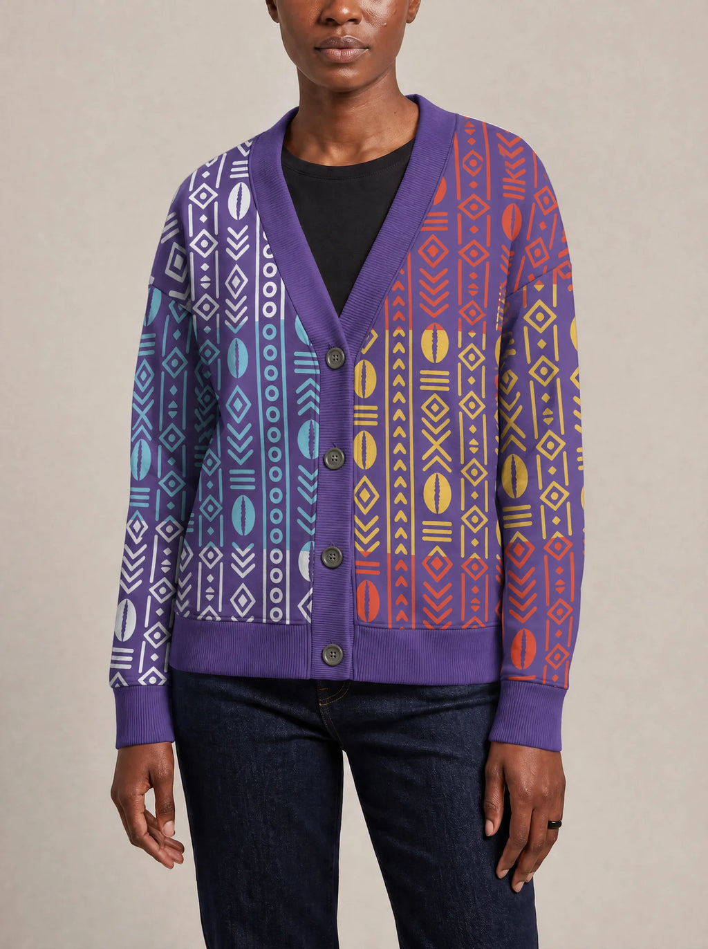 "Oshun Zamani" Cardigan — close view of the V-neck, buttons and ribbed trims