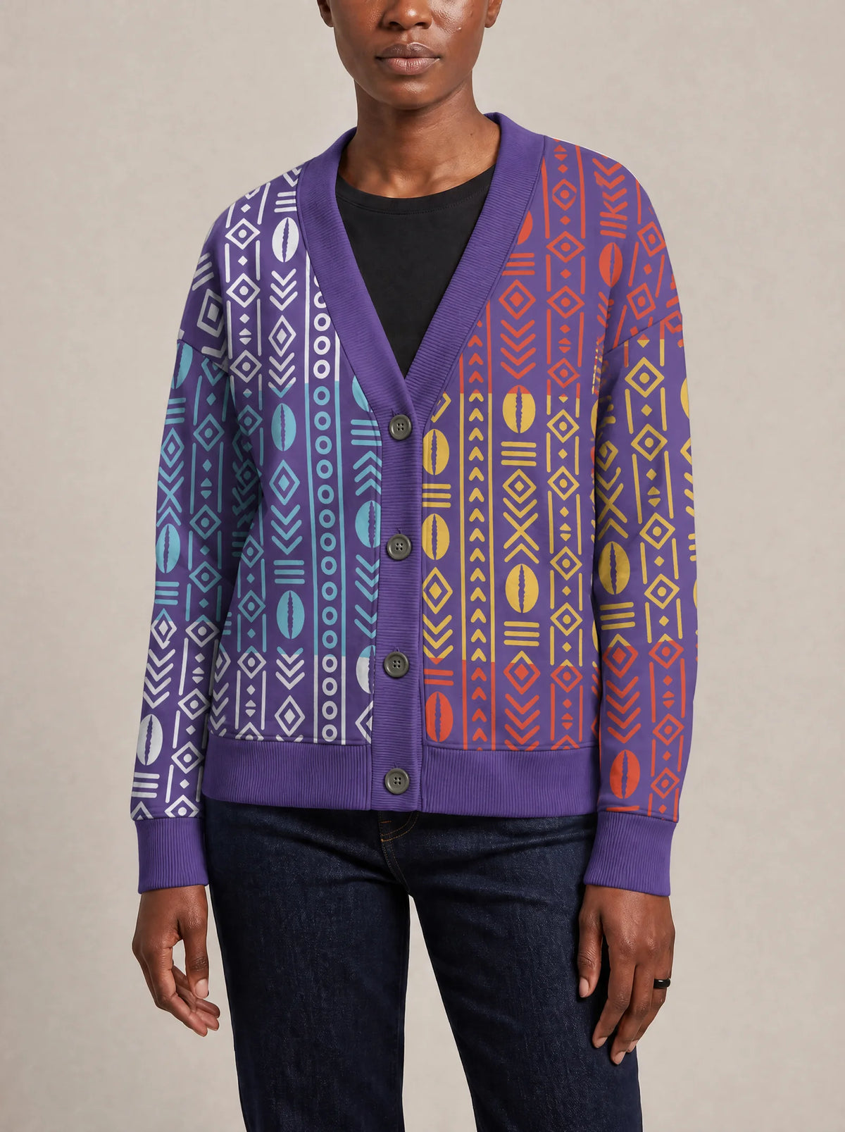 "Oshun Zamani" Cardigan — close view of the V-neck, buttons and ribbed trims