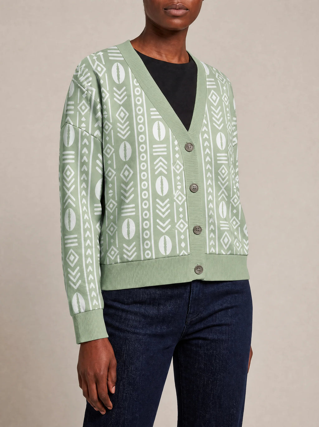 "Oshun Verde" Cardigan — close view of the V-neck, buttons and ribbed trims