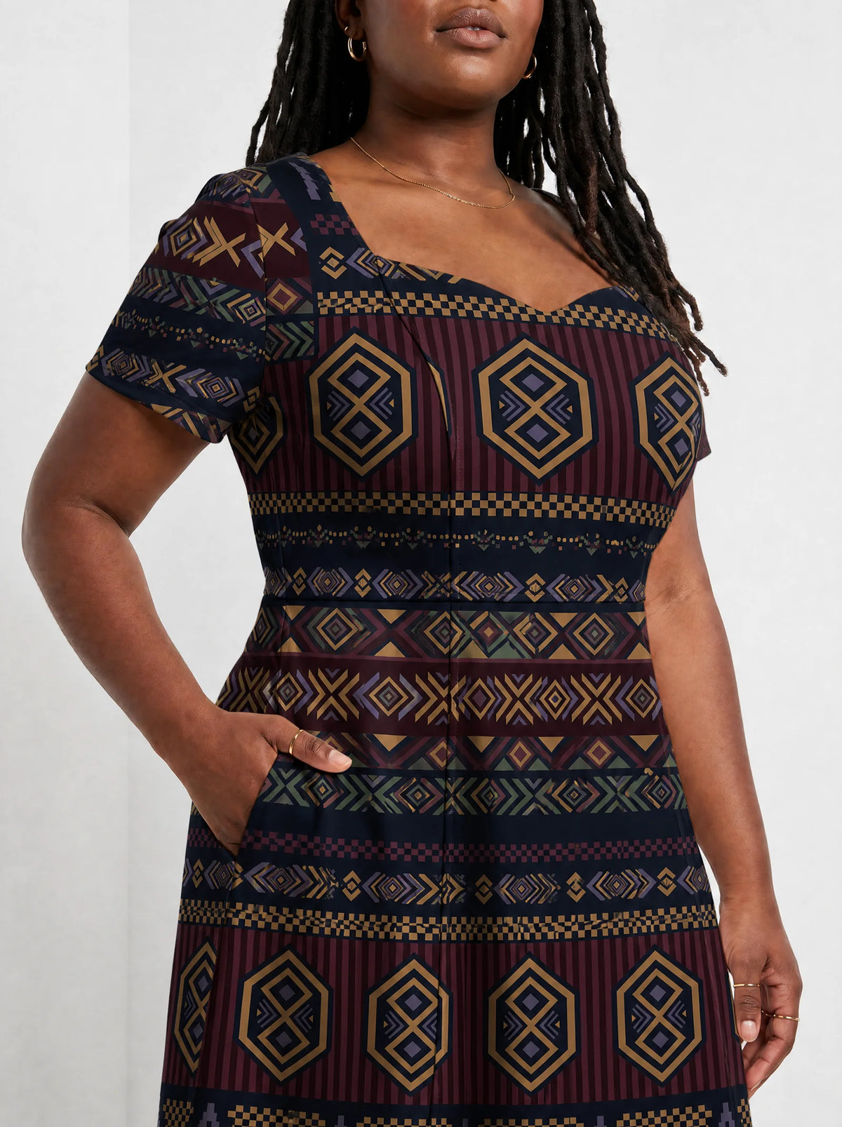 "Msuko" Sweetheart Midi Dress — close-up of the bodice and the in-seam side pocket