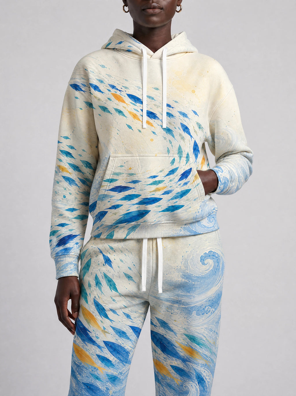 "Samaki" Hoodie & Jogger Set — close view of the pocket, hem band and jogger waistband