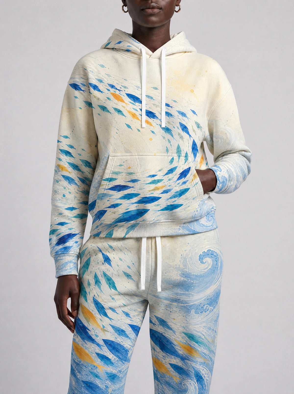 "Samaki" Hoodie & Jogger Set — close view of the pocket, hem band and jogger waistband