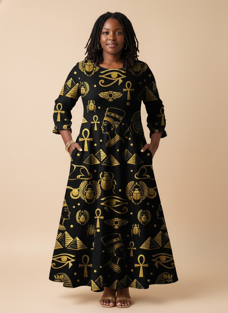 "Nefertiti" Black Gold Long Sleeve Maxi Dress