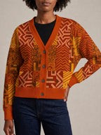 "Viraka" Cardigan — close view of the V-neck, buttons and ribbed trims