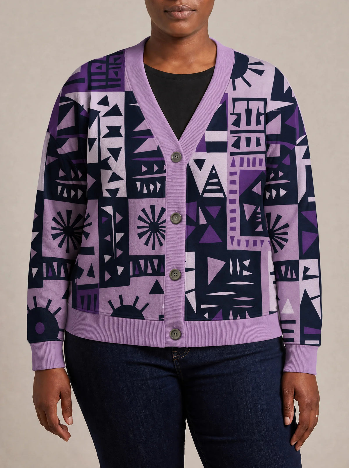 "Lavenda" Cardigan — close view of the V-neck, buttons and ribbed trims