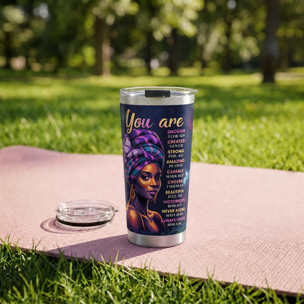 Blue Orchid Tumbler — on a yoga mat on a park lawn