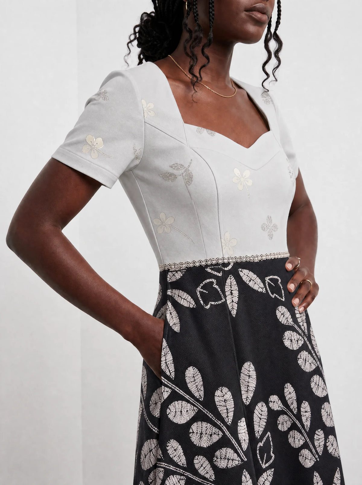 "Kivuli" Sweetheart Midi Dress — close-up of the bodice and the in-seam side pocket