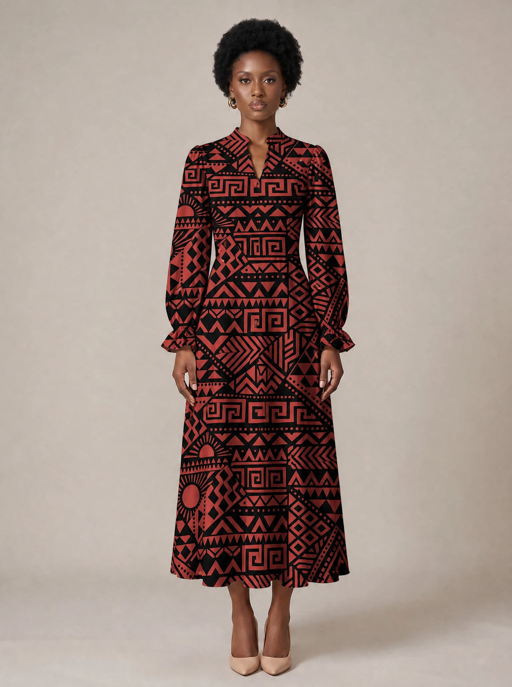 "Shaka" Burgundy Long Puff Sleeve Dress — standing, angled view on model