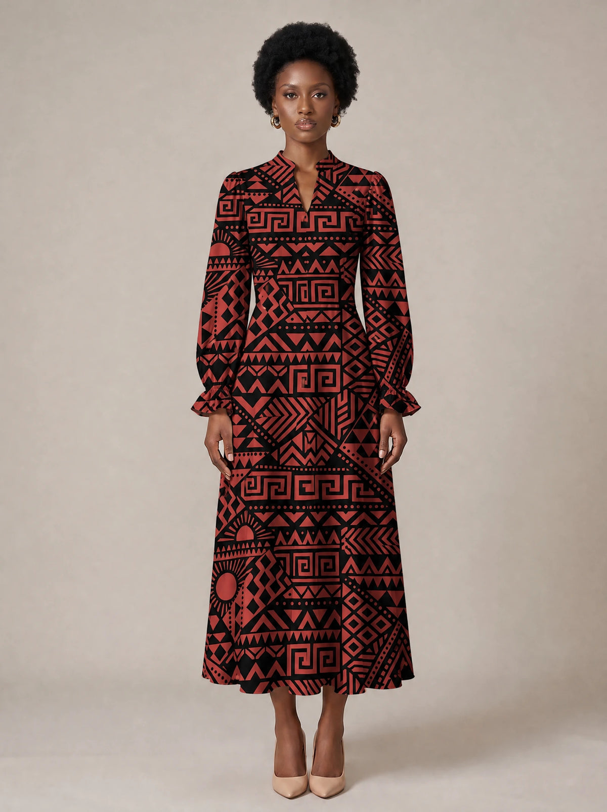 "Shaka" Burgundy Long Puff Sleeve Dress — standing, angled view on model