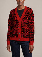 "Shaka" Burgundy Cardigan — close view of the V-neck, buttons and ribbed trims