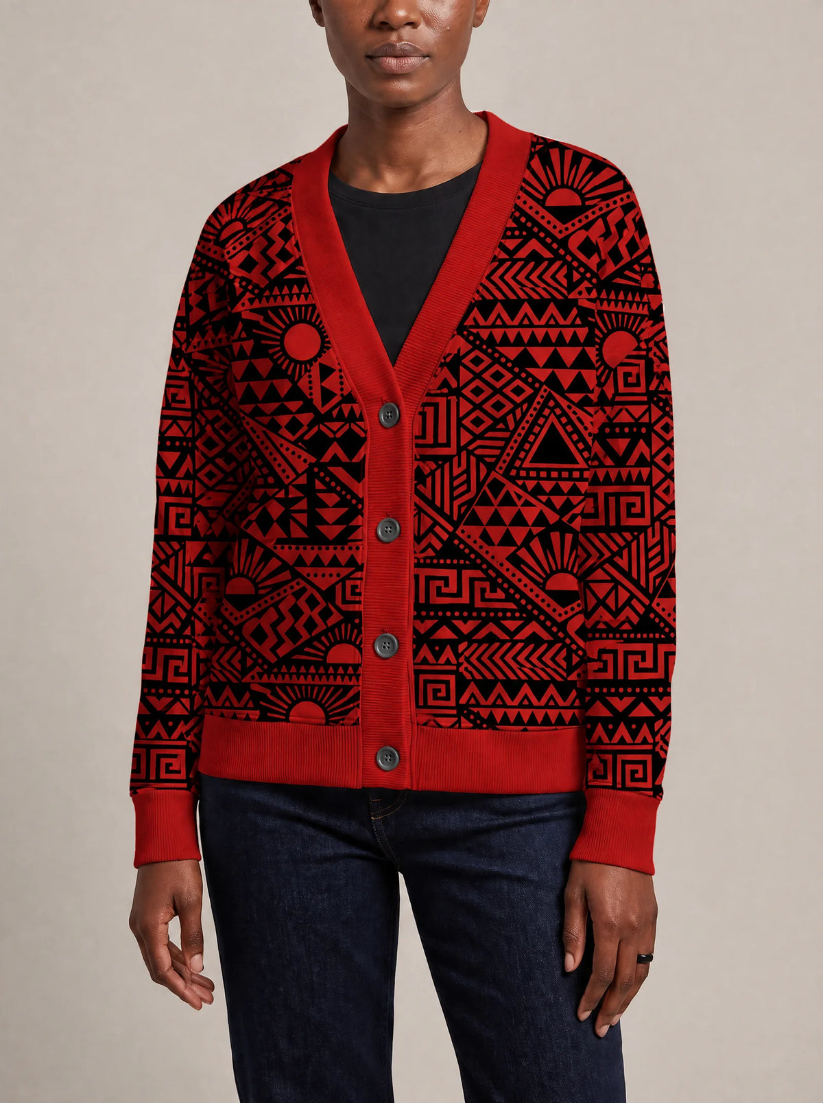 "Shaka" Burgundy Cardigan — close view of the V-neck, buttons and ribbed trims