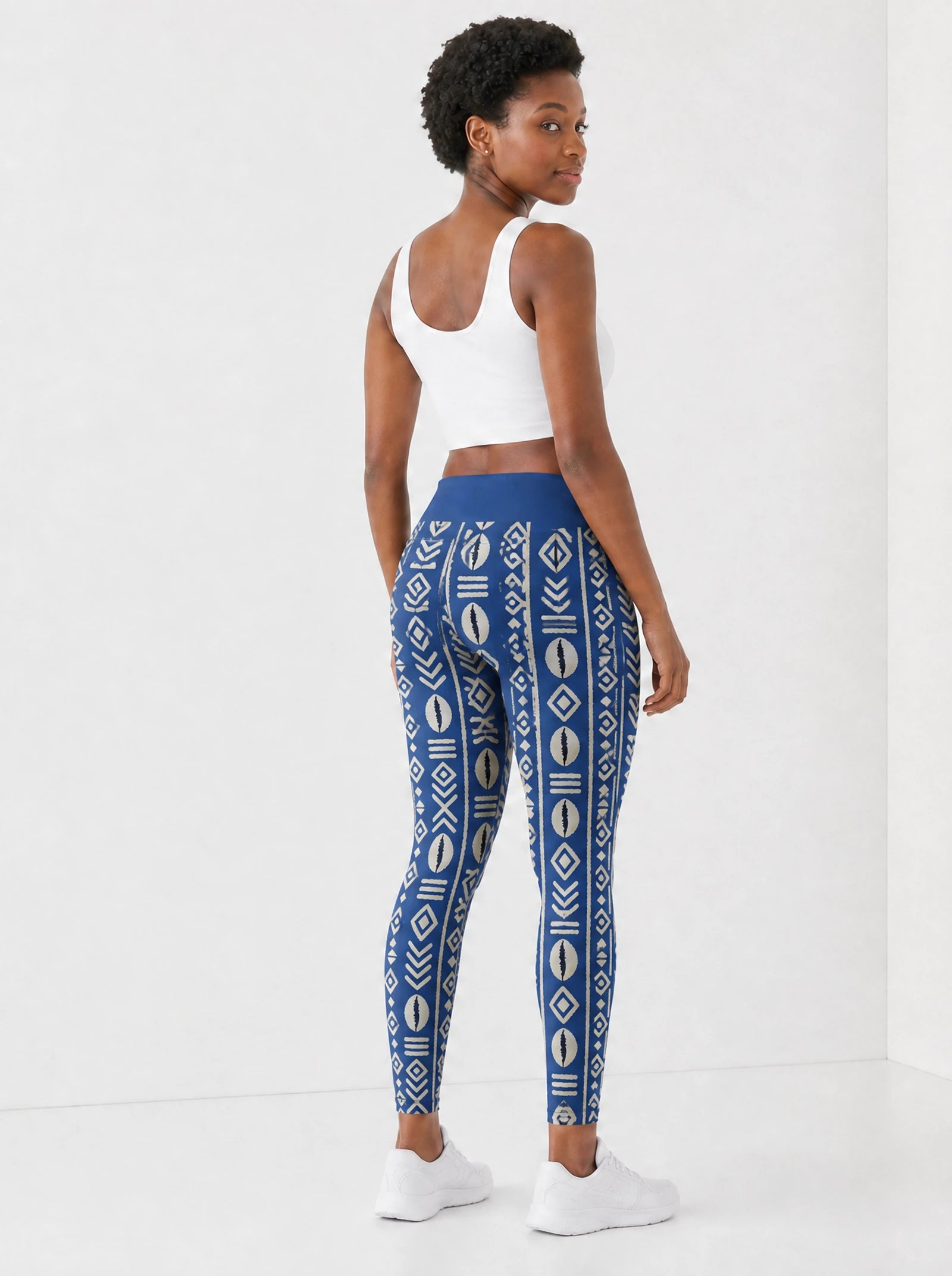 "Oshun" Royal Blue Leggings — back view on model