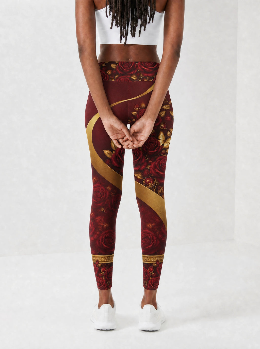 "August Girl Roses" Leggings — back view on model