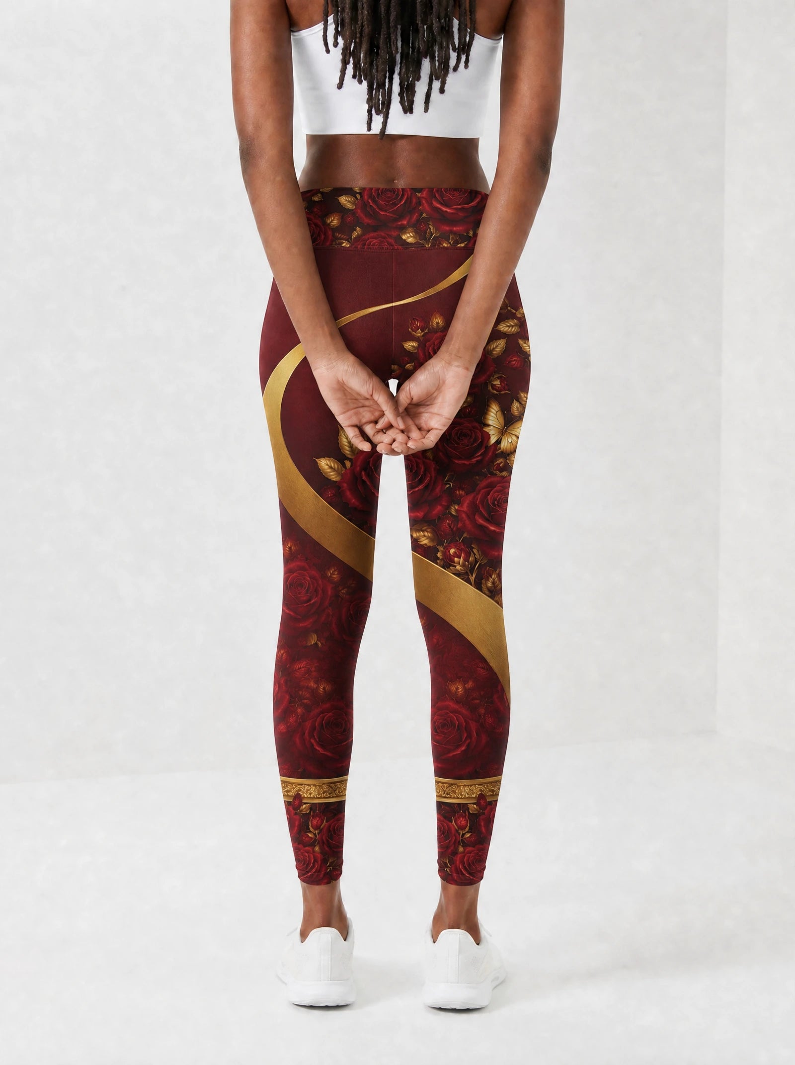 "August Girl Roses" Leggings — back view on model
