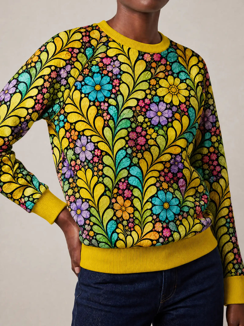 "Njano" Sweatshirt — close view of the crew neck, raglan seams and ribbed trims