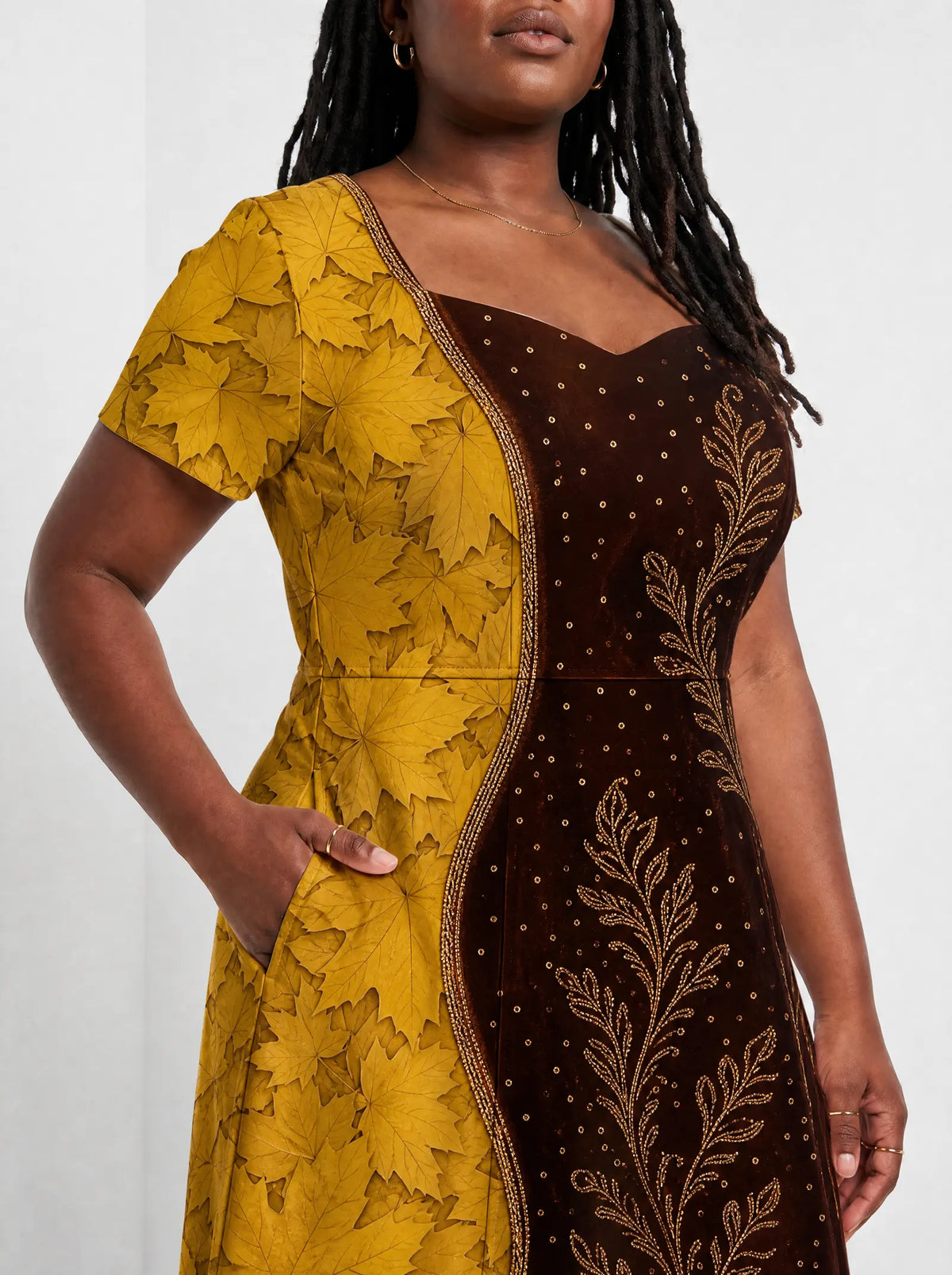 "Msimu" Sweetheart Midi Dress — close-up of the bodice and the in-seam side pocket