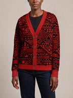 "Shaka" Burgundy Cardigan — close view of the V-neck, buttons and ribbed trims