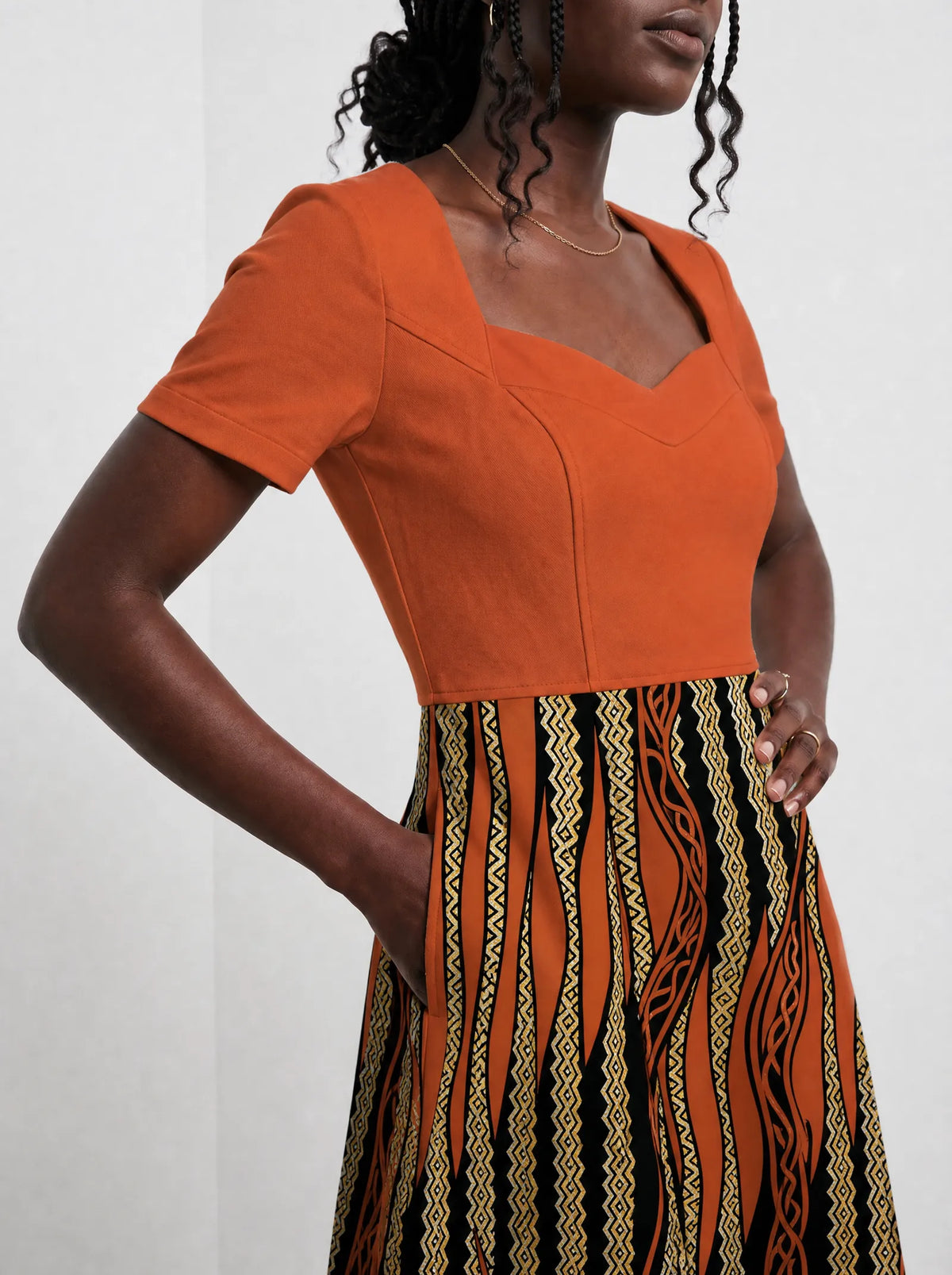 "Miali" Sweetheart Midi Dress — close-up of the bodice and the in-seam side pocket
