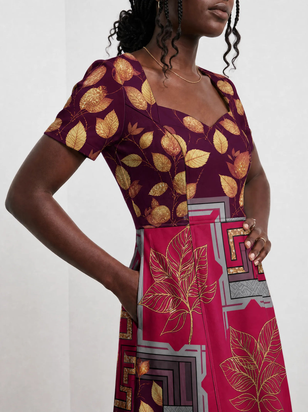 "Vuli" Sweetheart Midi Dress — close-up of the bodice and the in-seam side pocket