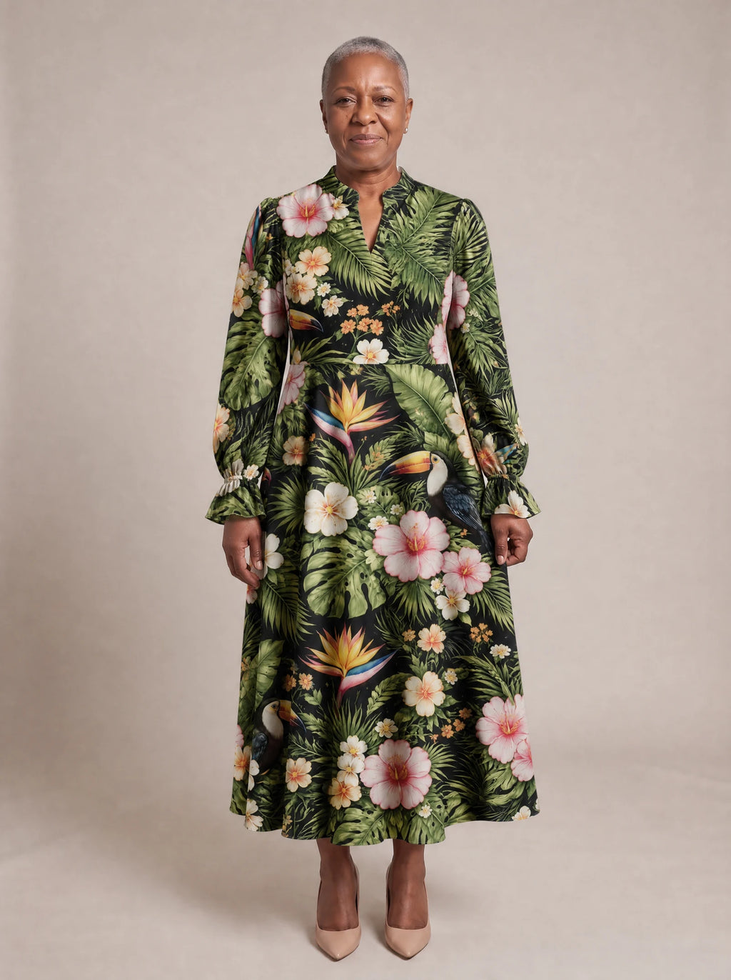 "Kasuku" Long Puff Sleeve Dress — standing, angled view on model