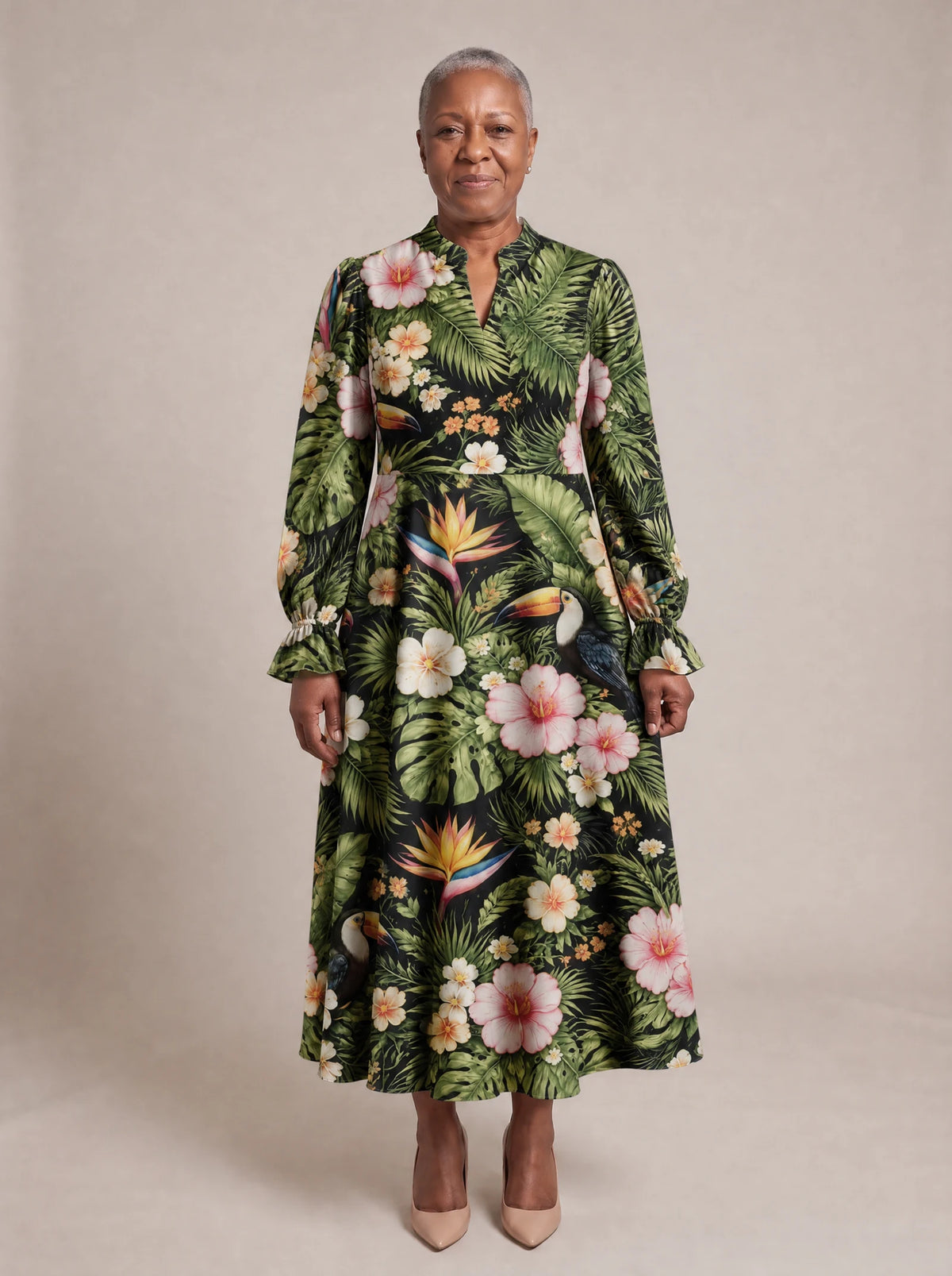 "Kasuku" Long Puff Sleeve Dress — standing, angled view on model