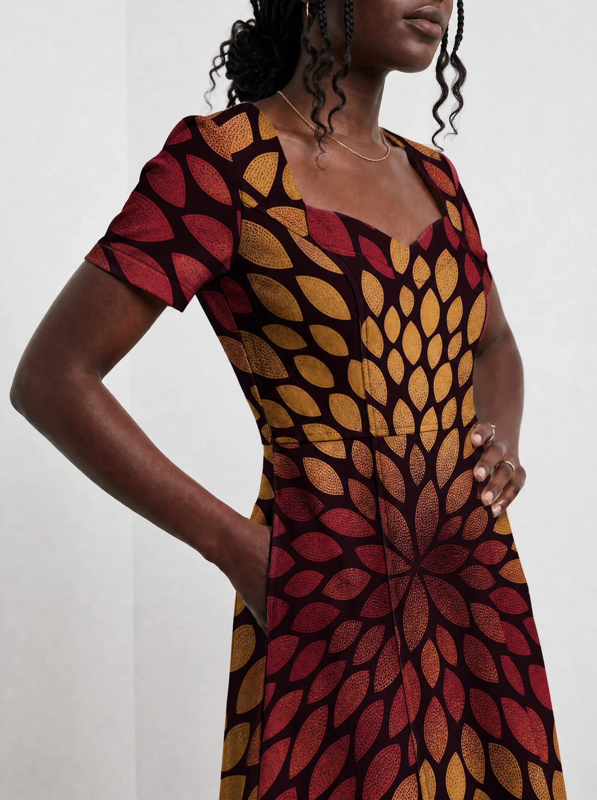 "Mavuno" Sweetheart Midi Dress — close-up of the bodice and the in-seam side pocket