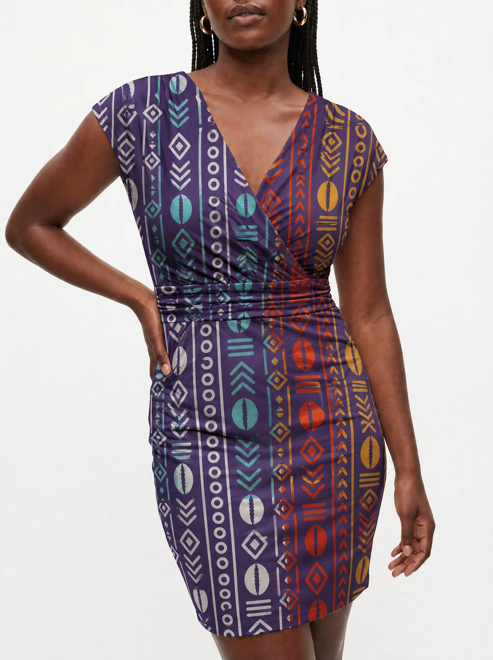 "Oshun Zamani" Cap Sleeve Midi Dress — close-up of the ruched waistband
