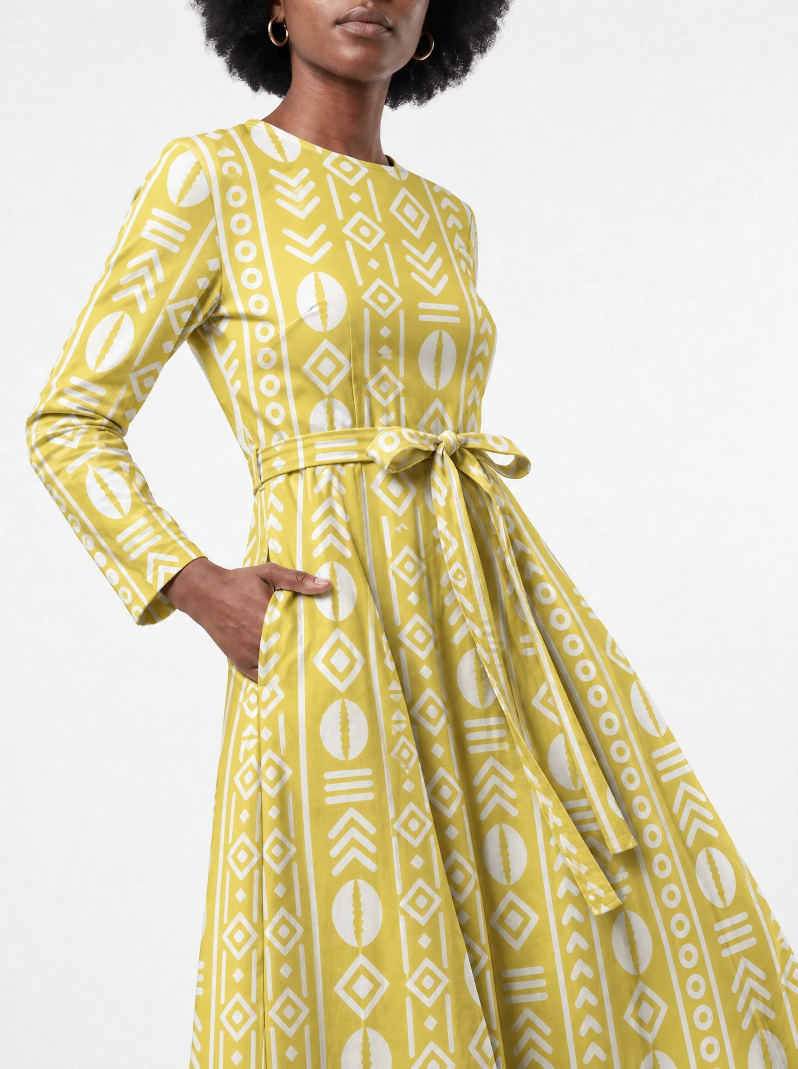 "Oshun Dhahabu" Viscose Midi Dress — close-up of the tie sash and the in-seam side pocket
