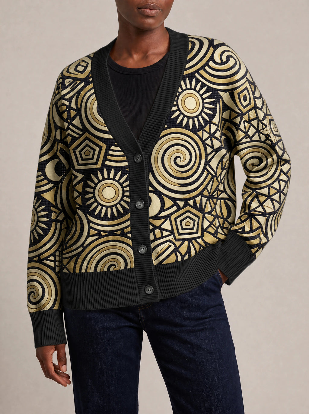 "Sahara" Knitted Cardigan — close view of the V-neck, buttons and ribbed trims